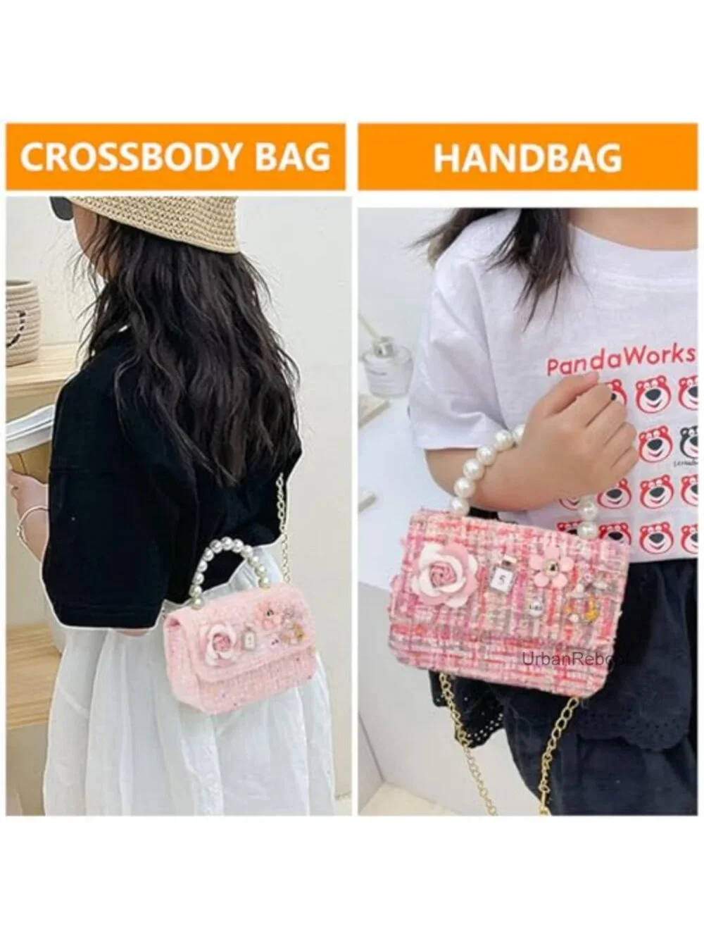 Girls Floral Crossbody Bag Faux Leather Mini Chain Pearl Handle Purse